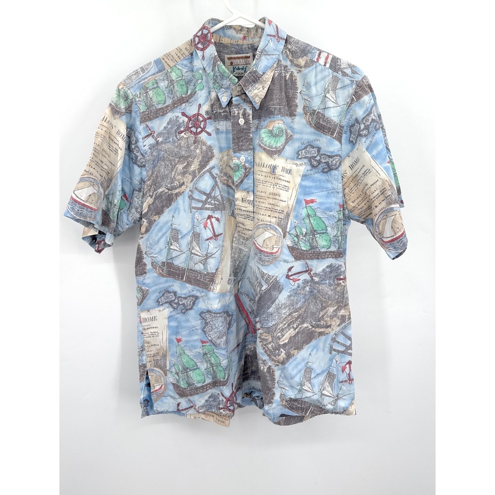 Kahala Shirt Mens L Hawaiian Boating 1/2 Button Pullover Cotton Vintage
